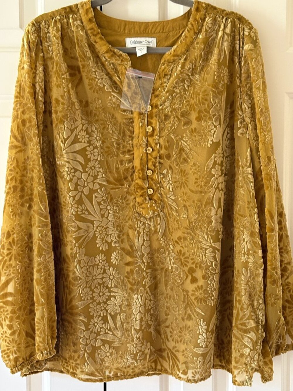 NWOT Coldwater Creek Women's Gold Floral Burnout Top Peasant Blouse Sz L